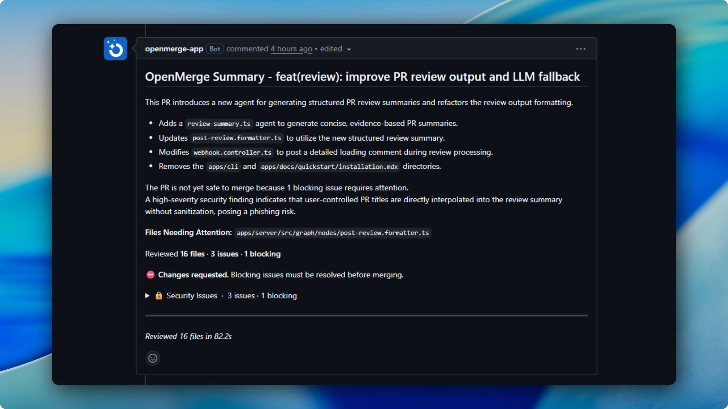 OpenMerge summary with actionable pull request findings